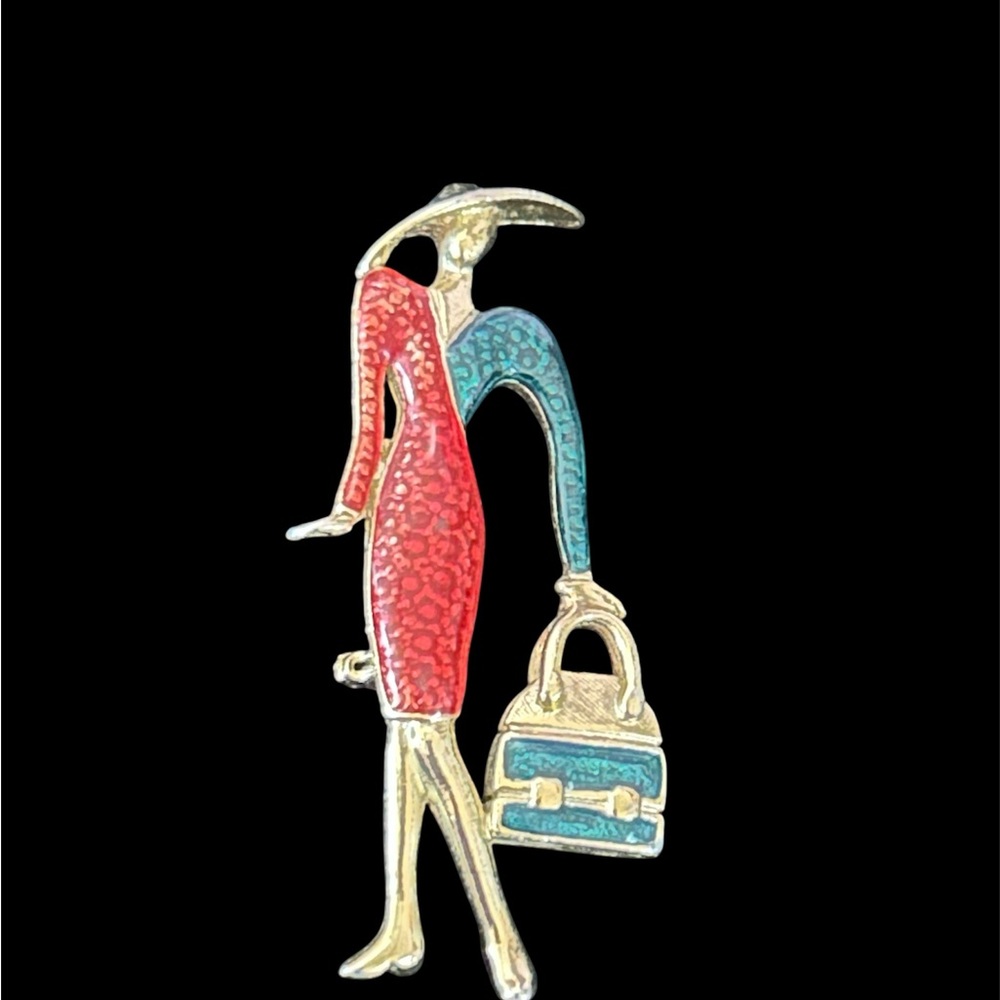 Gold and Red Enamel Brooch with Intricate Design